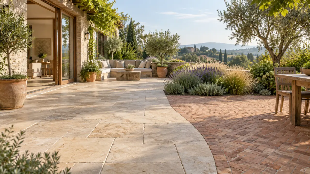 Patio paysager associant pierre naturelle, brique ancienne et plantations