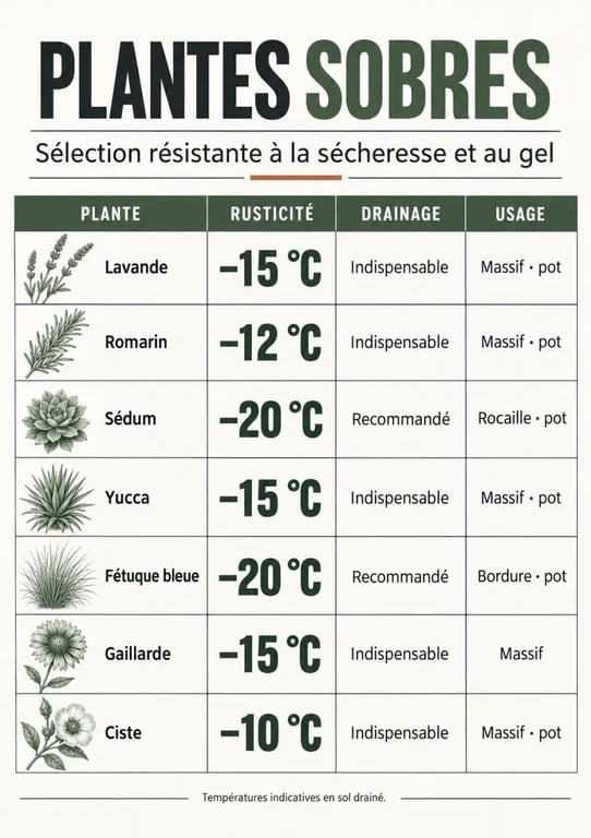 Infographie des plantes résistant à la sécheresse et au gel selon leur rusticité et leur usage