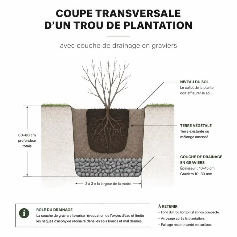 Schéma de drainage pour la plantation d'arbustes persistants