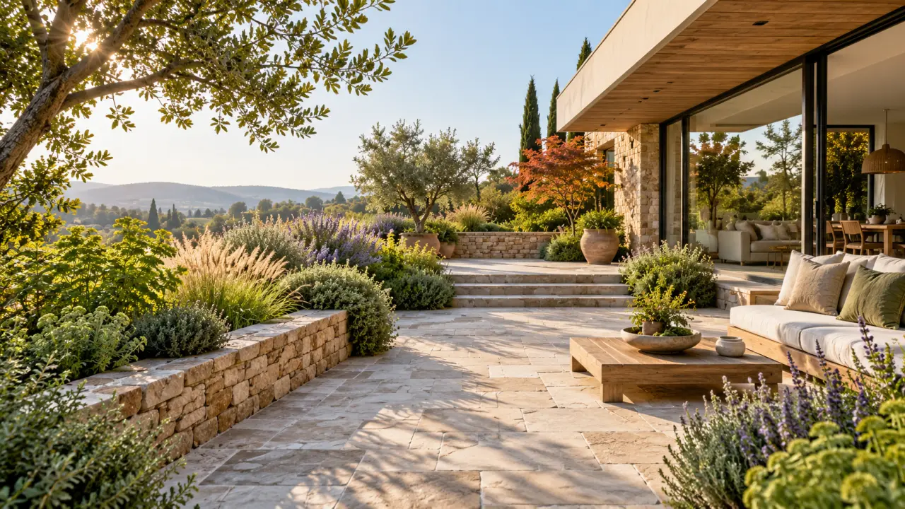 Terrasse paysagère en pierre naturelle entourée de végétation au fil des saisons