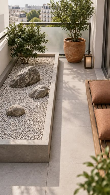 Jardin zen extérieur pas cher sur balcon avec bac de graviers, plante et lanterne
