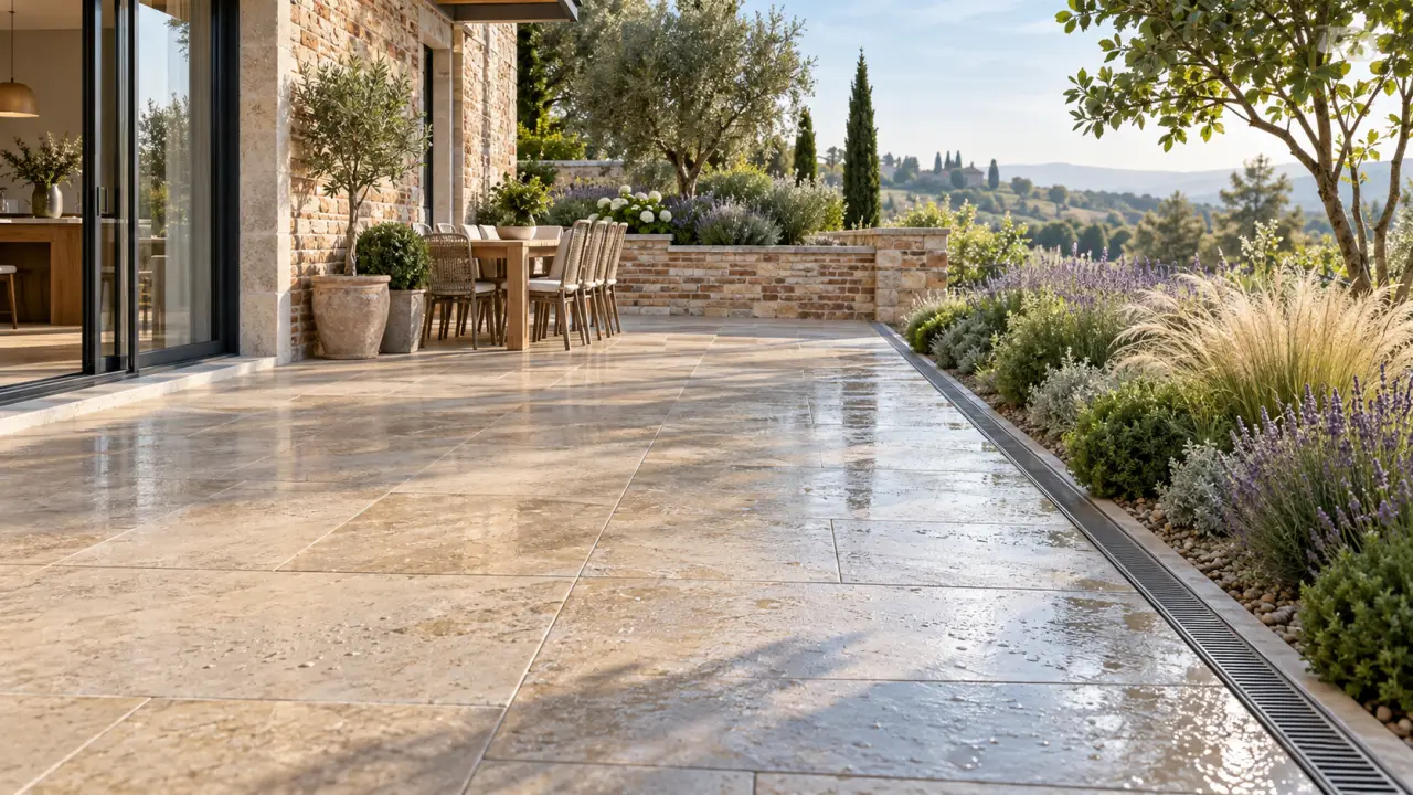 Terrasse paysagée en pierre et brique avec une évacuation discrète des eaux de pluie