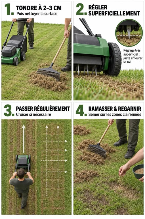 Étapes pour scarifier une pelouse correctement, du réglage du scarificateur au regarnissage