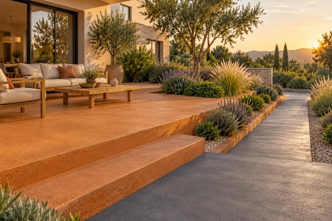 Le béton extérieur coloré associe teinte durable et finition adaptée à chaque usage