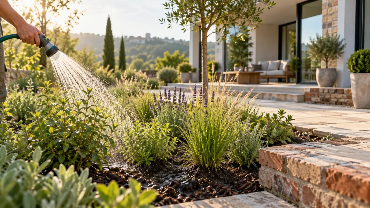 Plantations nouvellement installées dans un jardin paysager en pierre et brique