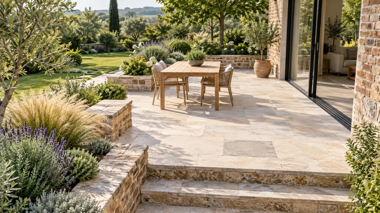 Terrasse en pierre naturelle bordée de plantations et de graminées