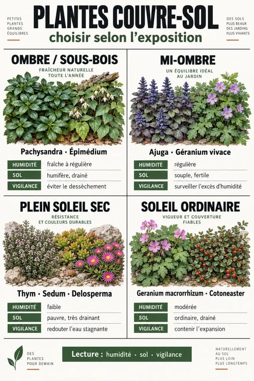 Plantes couvre-sol adaptées à l’ombre, à la mi-ombre et au plein soleil