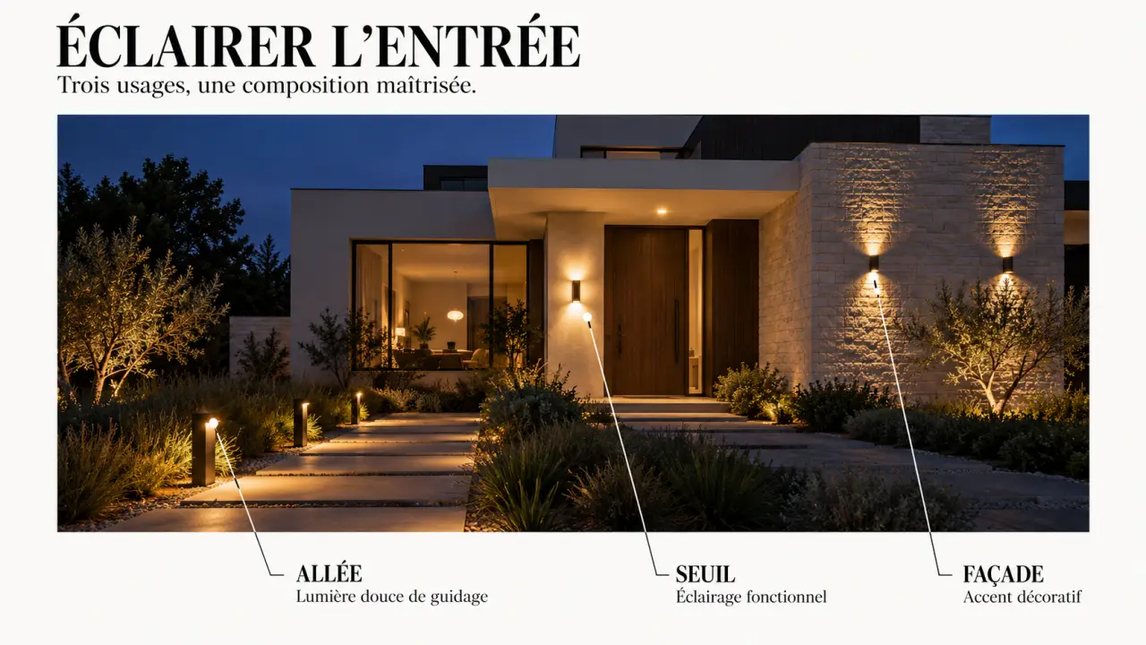 Éclairage façade maison avec applique, plafonnier de porche et bornes lumineuses le long de l'allée