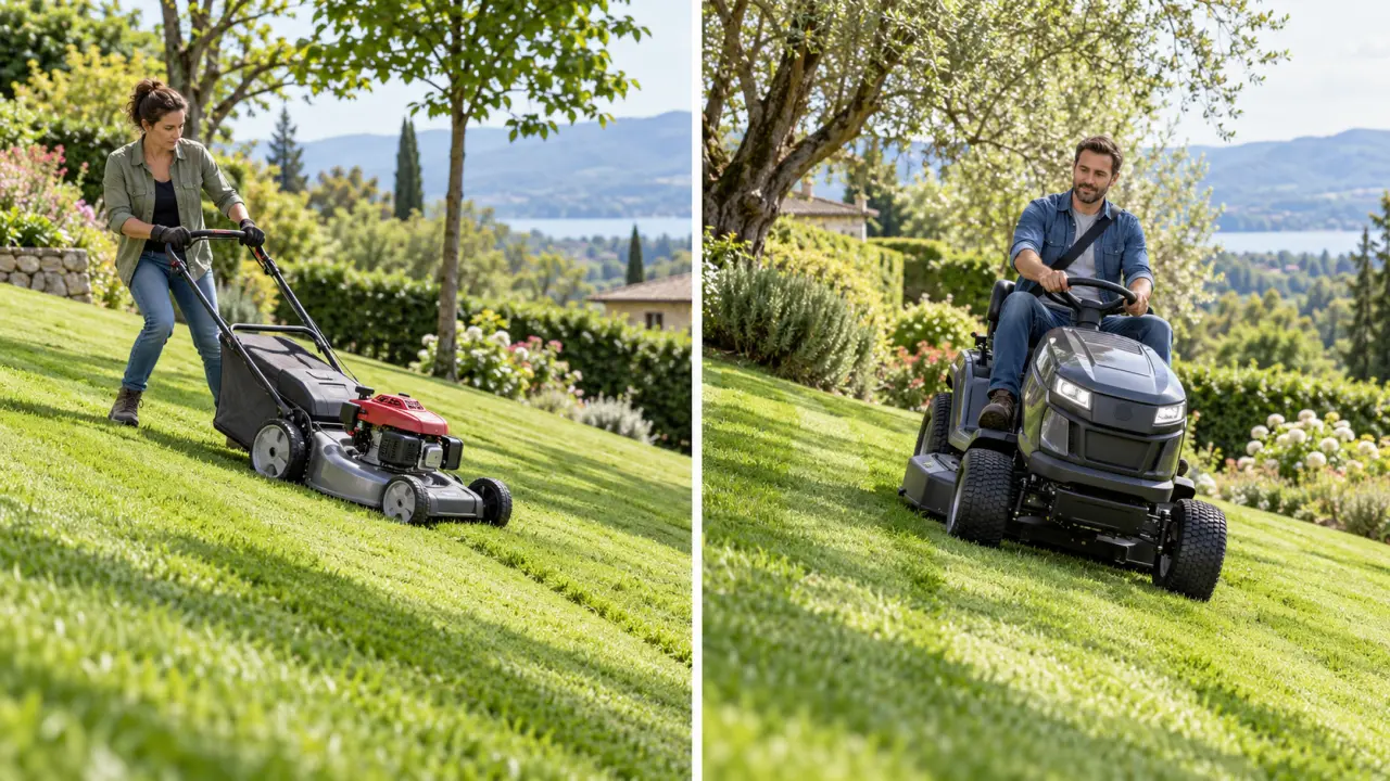 Tondre un terrain en pente : le bon sens de tonte dépend de la machine