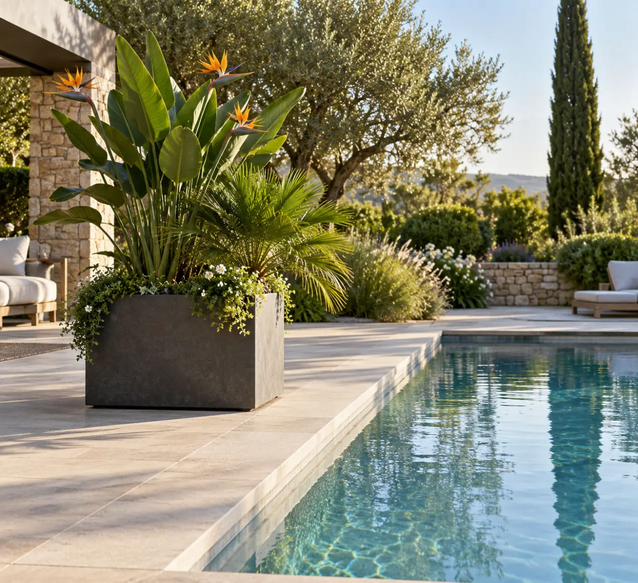 Une plante exotique au bord de la piscine se choisit selon 2 critères : distance et rusticité