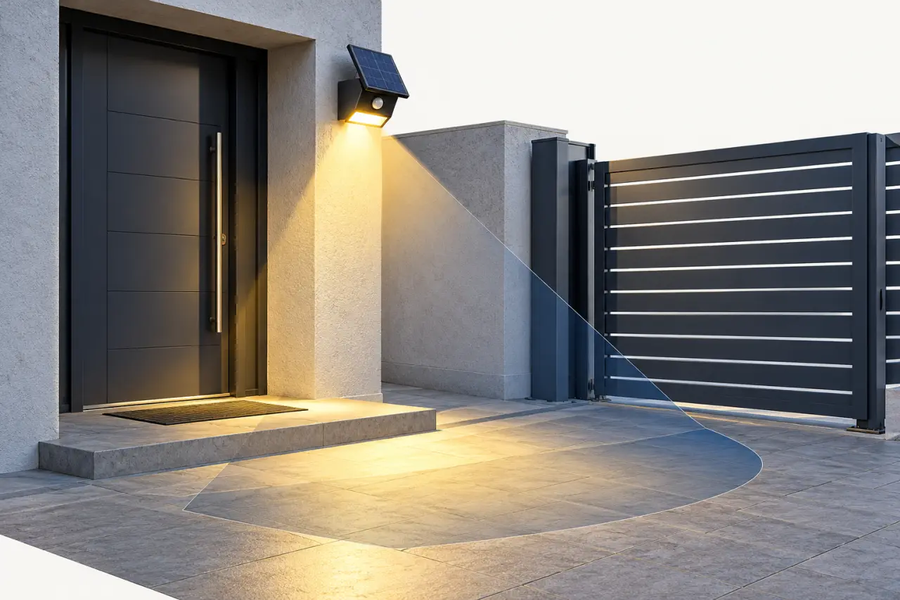 Lampe extérieur solaire détecteur de mouvement éclairant une entrée et un portail