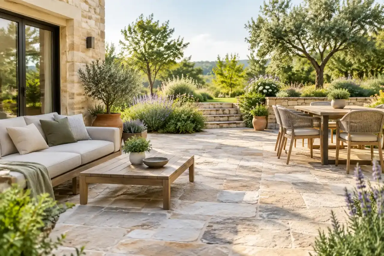 Patio en pierre naturelle entouré de plantations et de mobilier extérieur