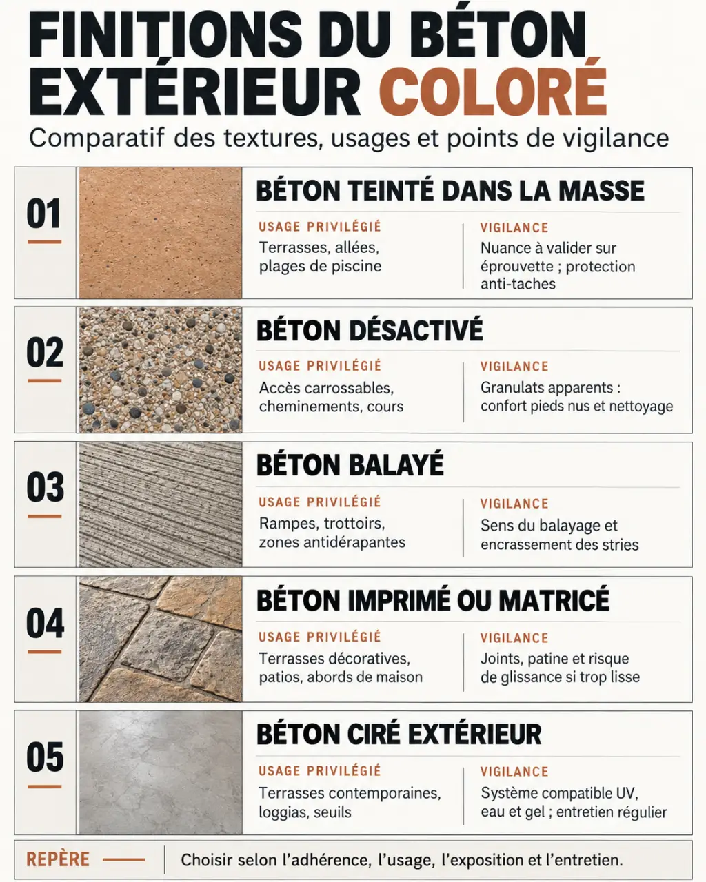 Infographie comparative des solutions de béton extérieur coloré et de leurs finitions