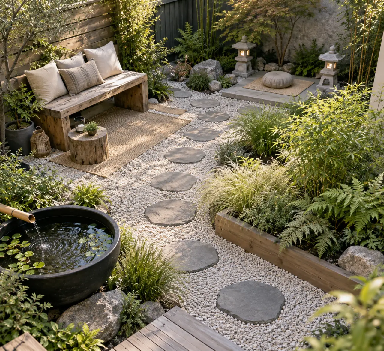 Un jardin zen extérieur pas cher tient en cinq zones bien choisies