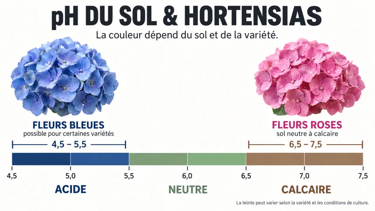 Que mettre au pied des hortensias : infographie du pH du sol pour favoriser des fleurs bleues ou roses