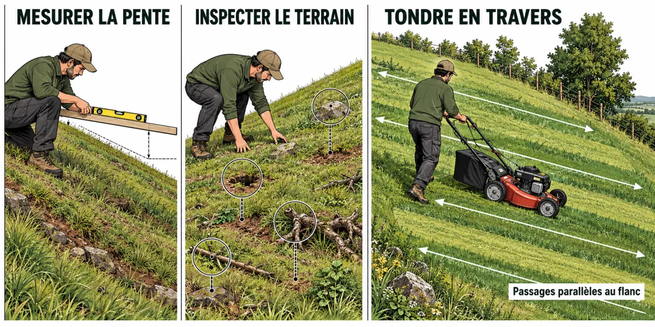 Illustration pour tondre un terrain en pente avec mesure de l’inclinaison et trajectoire sûre
