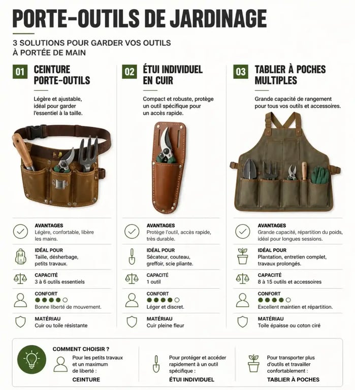 Comparatif des types de porte-outils de jardinage : ceinture, étui et tablier