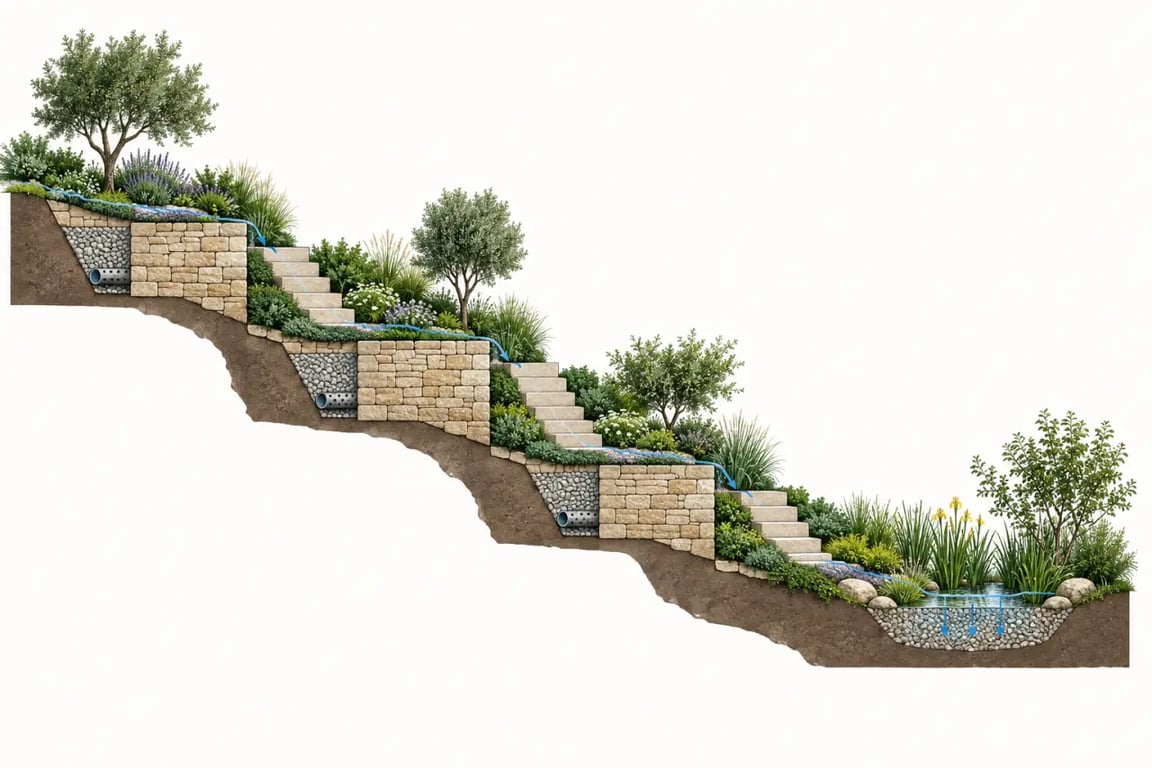 Illustration d’un jardin en palier avec terrasses, drainage, escaliers et plantations sur une pente