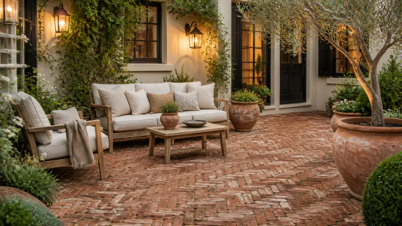 Patio en brique ancienne intégré à un jardin paysager chaleureux