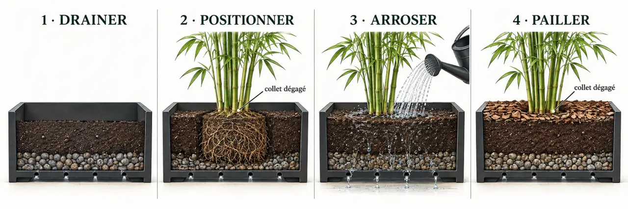 Plantation de bambous dans une jardinière avec drainage, substrat et paillage