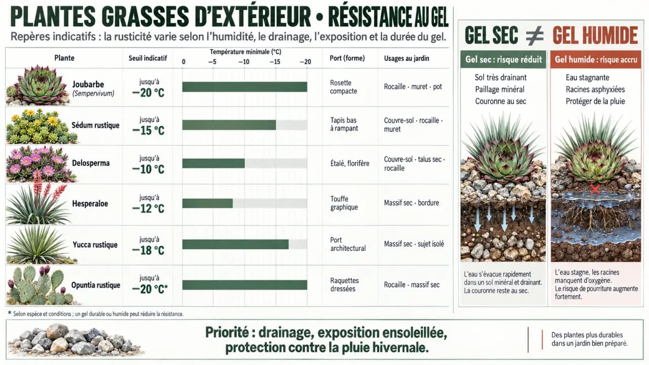 Infographie sur les plantes grasses extérieur qui ne gèlent pas et leur rusticité au froid