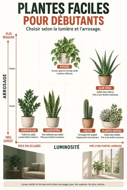 Plantes facile d'entretien classées selon la lumière et la fréquence d'arrosage