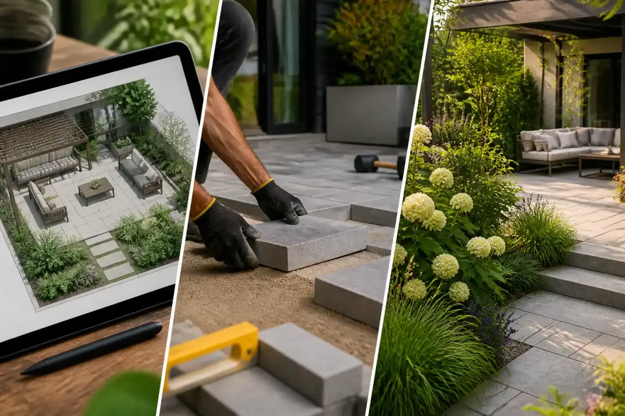 Terrasse moderne en brique et bois entourée de végétation luxuriante