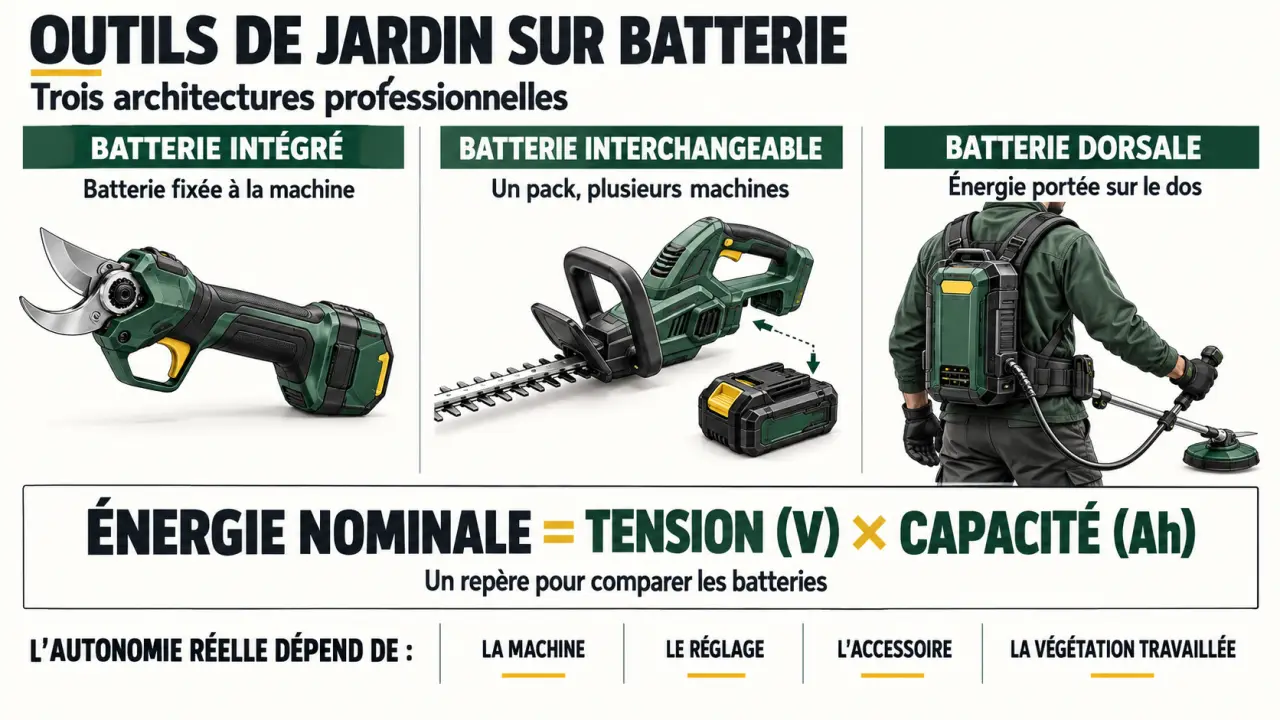 Infographie sur les outils de jardin sur batterie professionnel, l’énergie des batteries et les configurations intégrée, interchangeable ou dorsale