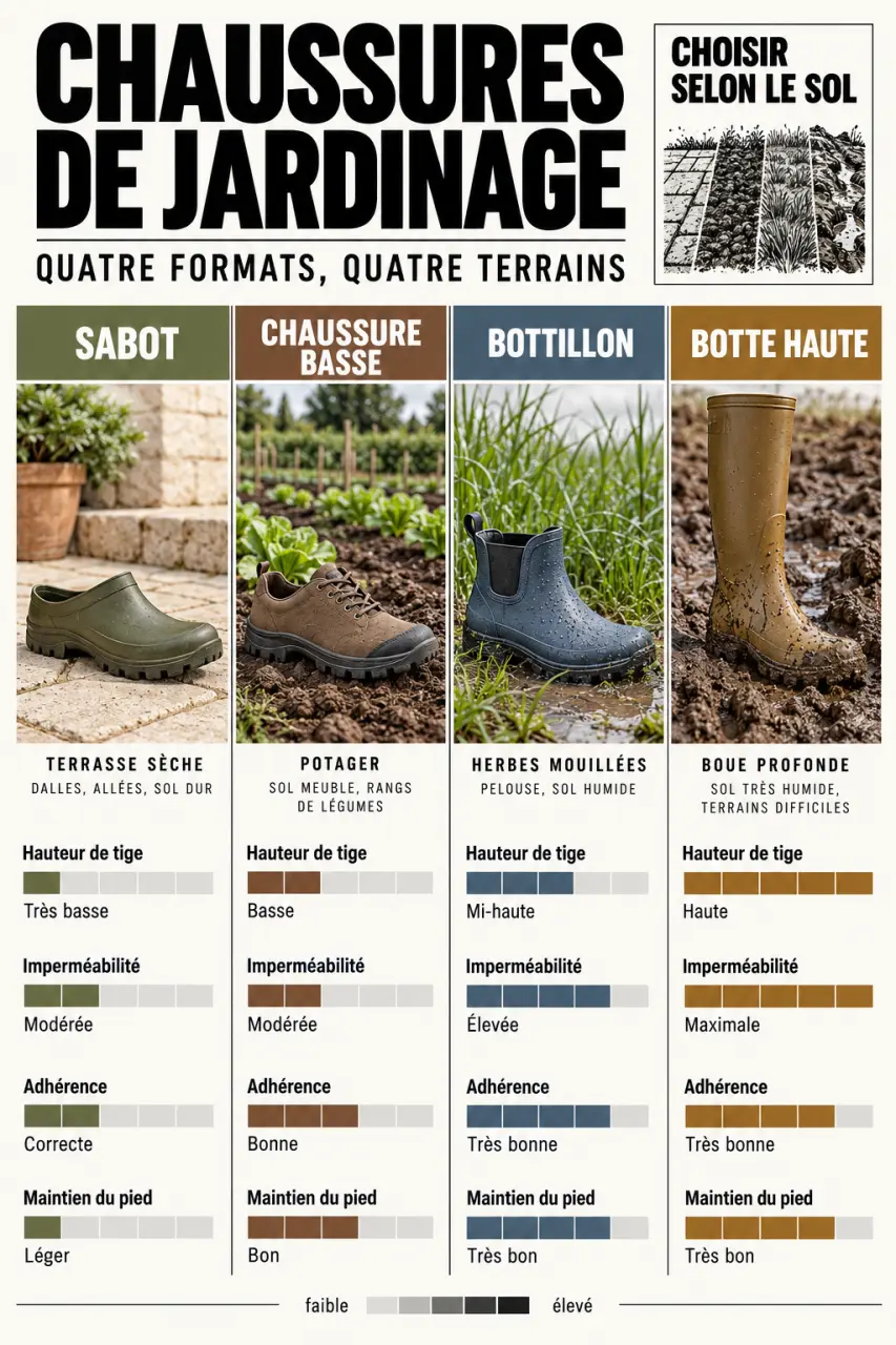 Infographie comparative des chaussures jardinage selon le terrain, la hauteur de tige et l’adhérence