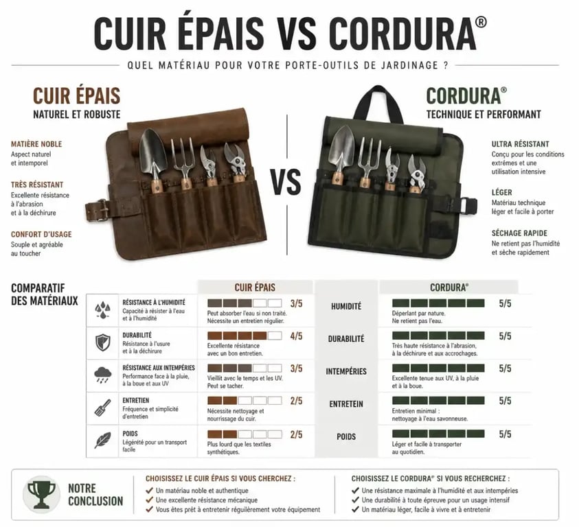 Comparaison des matériaux pour porte-outils de jardinage : cuir vs synthétique