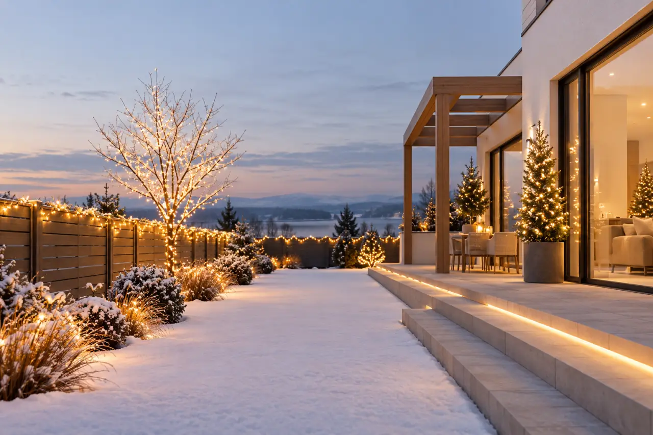 Guirlande extérieur pour Noël installée sur un arbre, une clôture et une façade