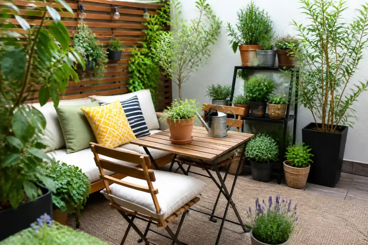Petit patio en brique ancienne avec mobilier bas et plantations en pots