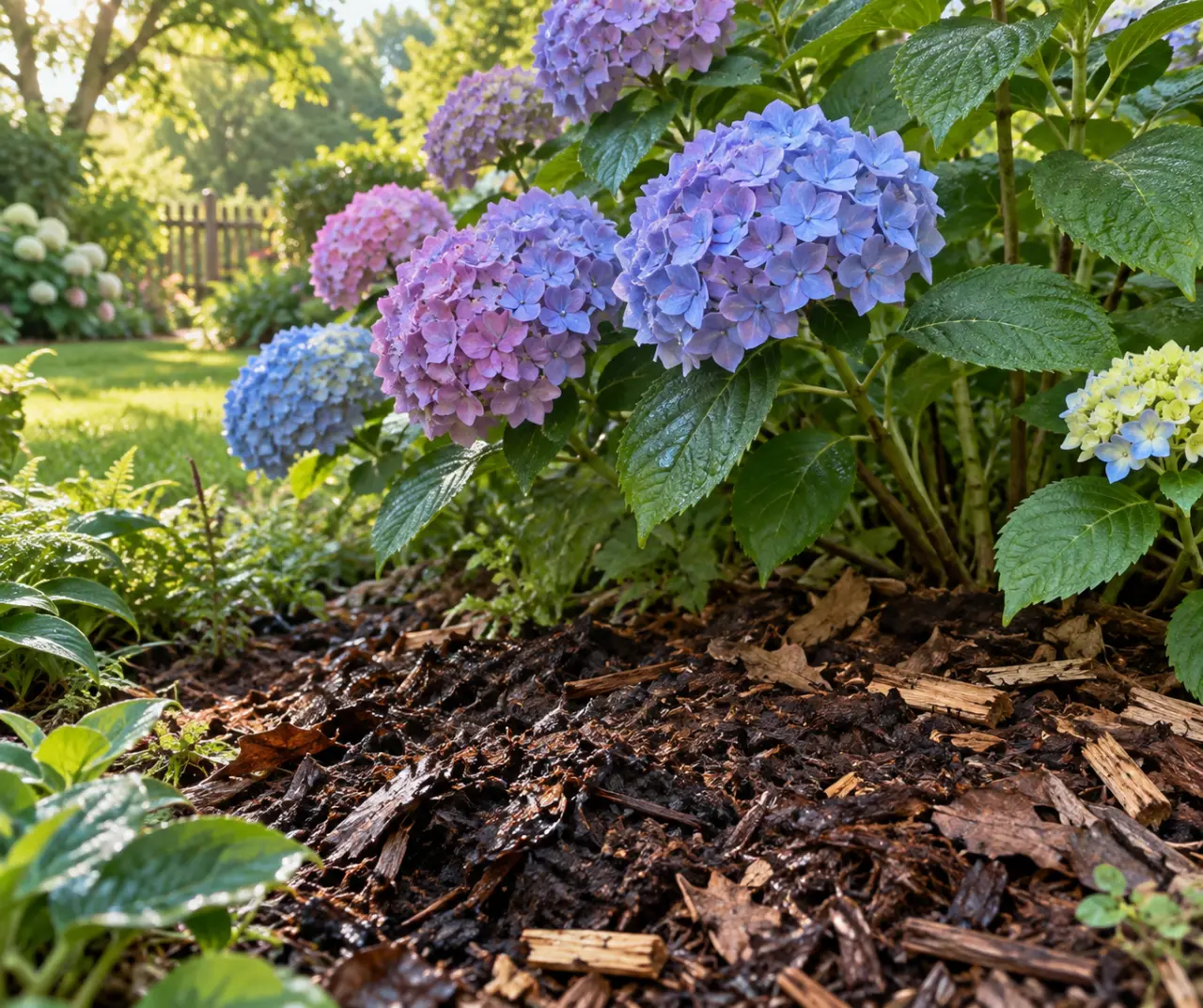 Au pied des hortensias, compost et paillis préservent la floraison