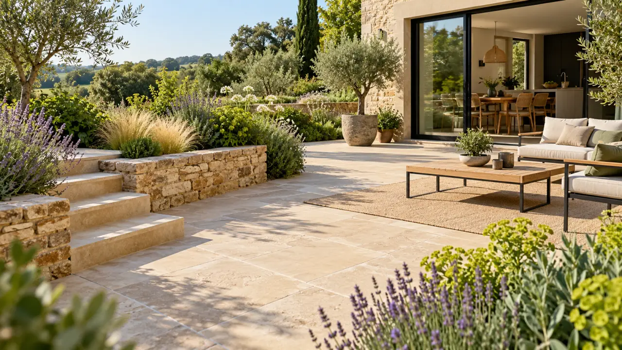 Terrasse en pierre naturelle entourée de plantations et de graminées