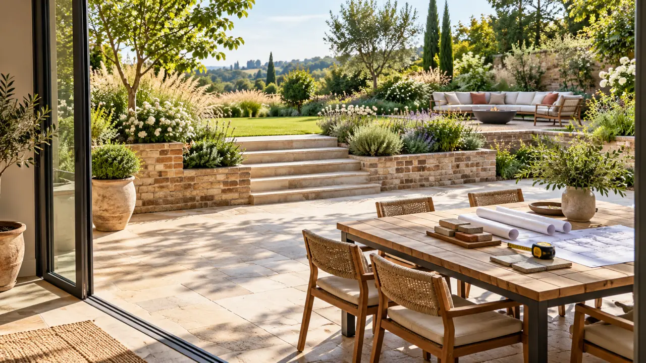 Terrasse paysagée en pierre et bois entourée de plantations locales