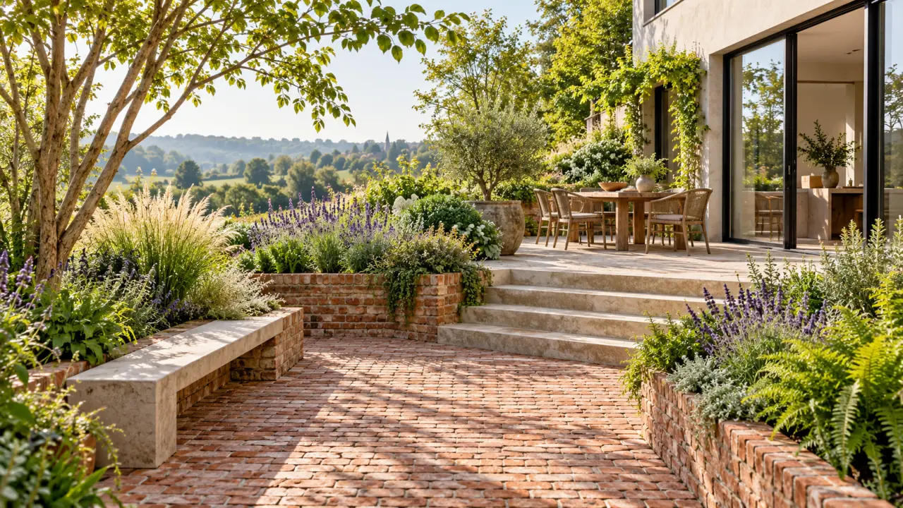 Patio-jardin contemporain en brique ancienne entouré de plantations généreuses