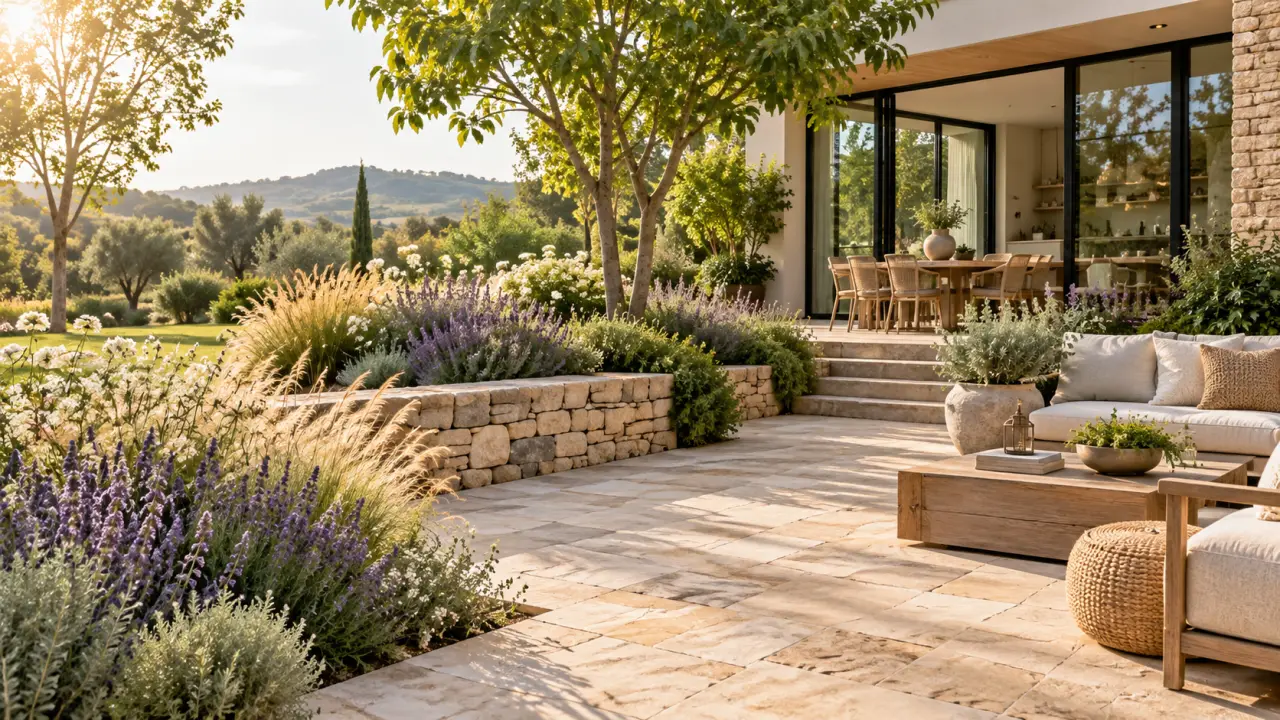 Terrasse en pierre naturelle entourée de plantations luxuriantes dans un jardin paysager