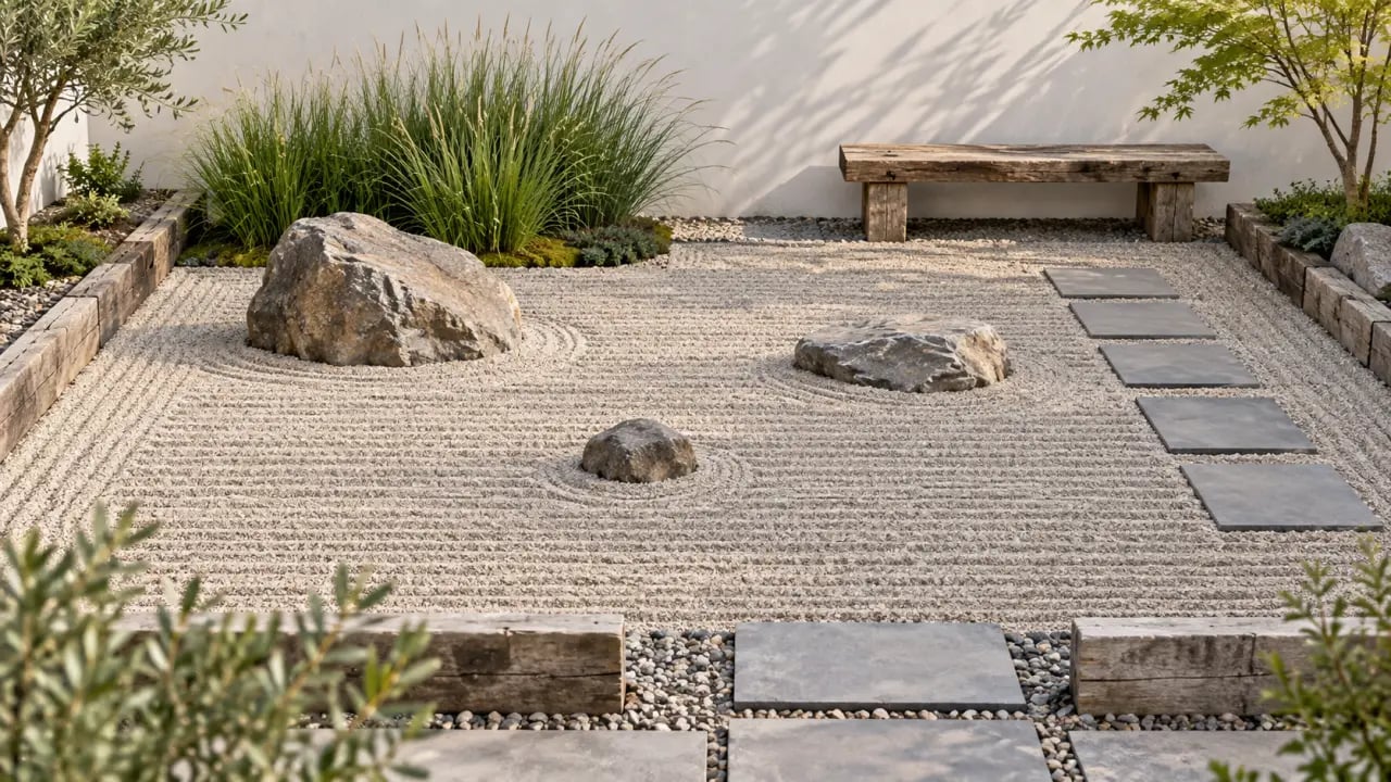 Jardin zen extérieur pas cher avec gravier ratissé, pierres, pas japonais et banc en bois