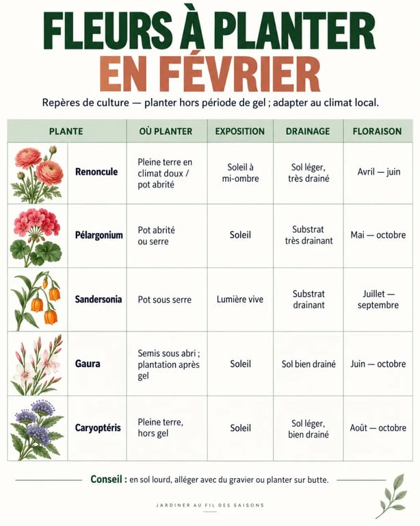 Infographie des fleurs à planter en février selon l’exposition, le sol et la période de floraison