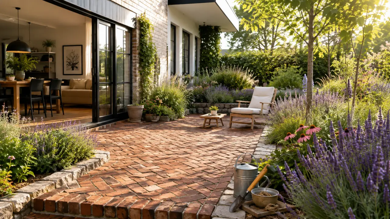 Terrasse paysagère en brique et vivaces baignée d'une lumière chaleureuse