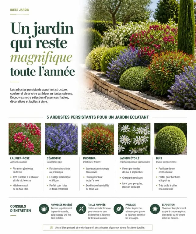 Aménagement de jardin avec des arbustes fleuris persistants pour une décoration toute l'année